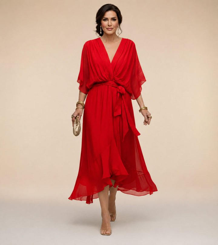 Juliette | Elegant Midi Wrap Dress – With V-Neck and Self-Tie Waist