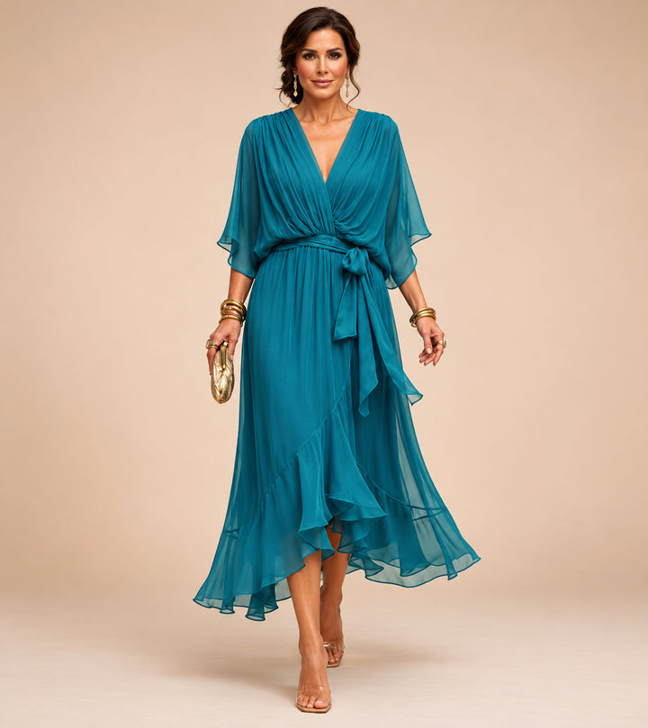 Juliette | Elegant Midi Wrap Dress – With V-Neck and Self-Tie Waist