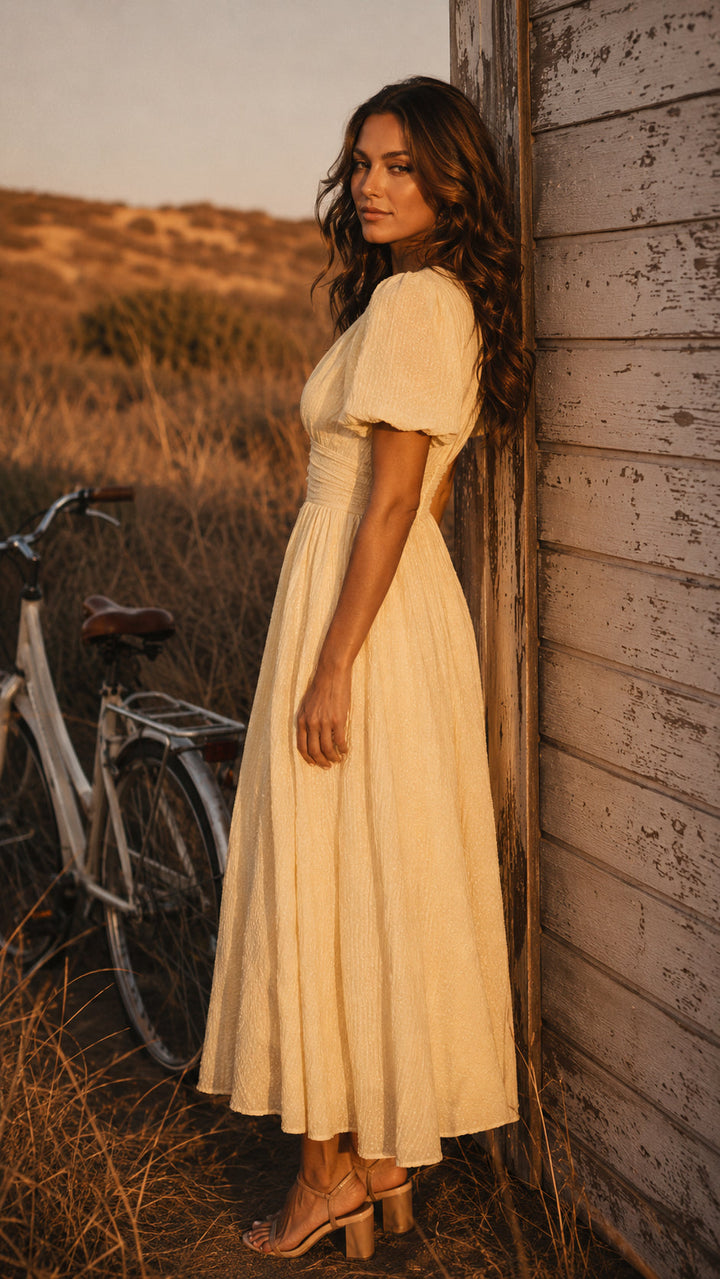 Anya | Elegant Romantic Evening Dress – Midi Length and V-Neck
