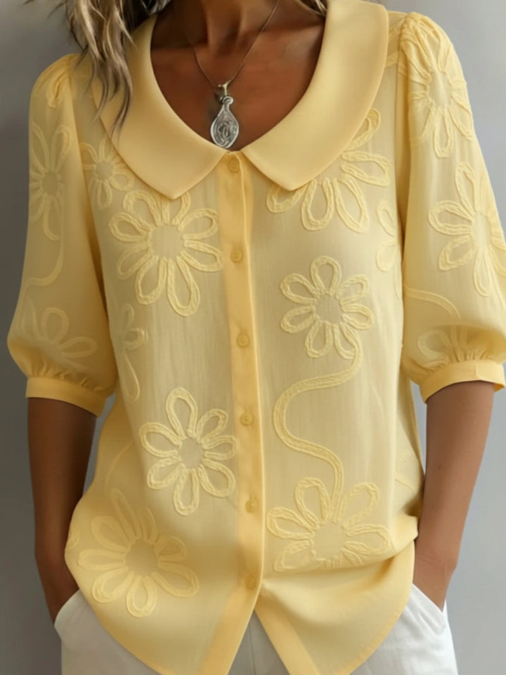 Mila | Embroidered Daisy Blouse – Buttoned Pointed Collar