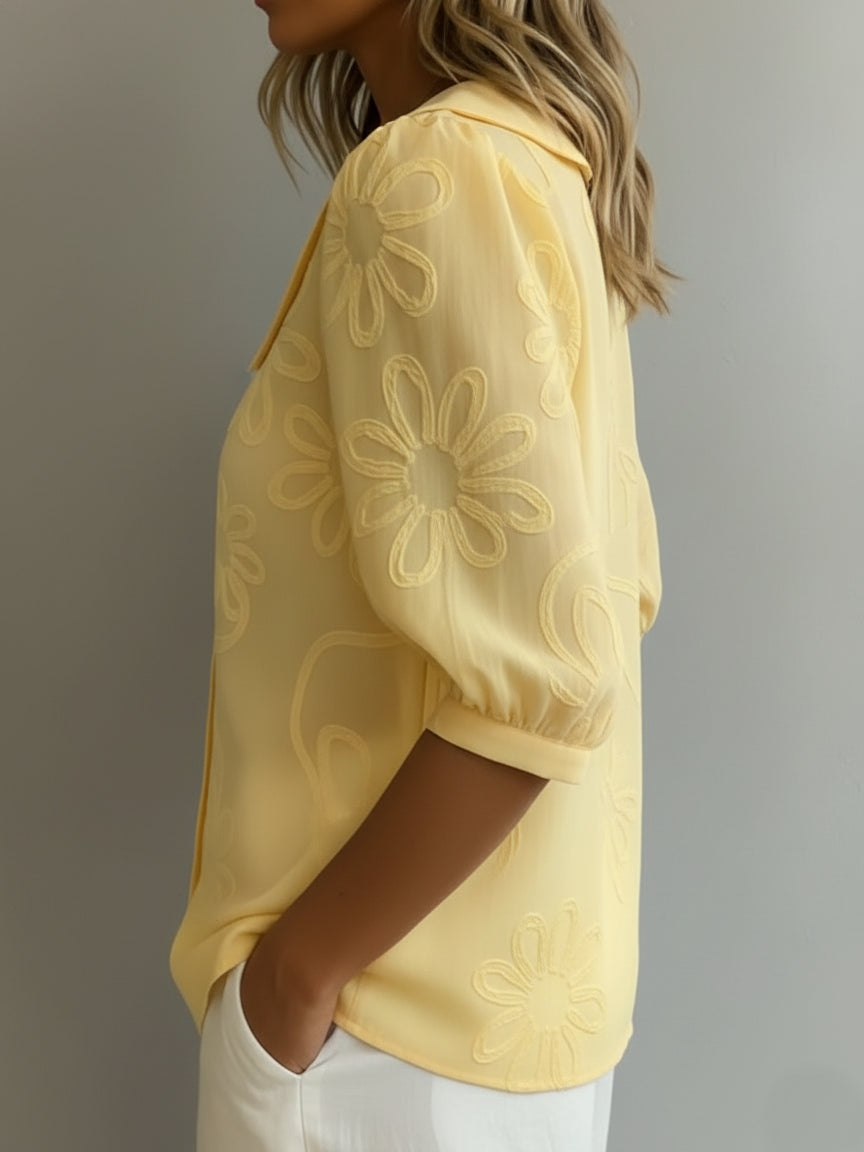 Mila | Embroidered Daisy Blouse – Buttoned Pointed Collar