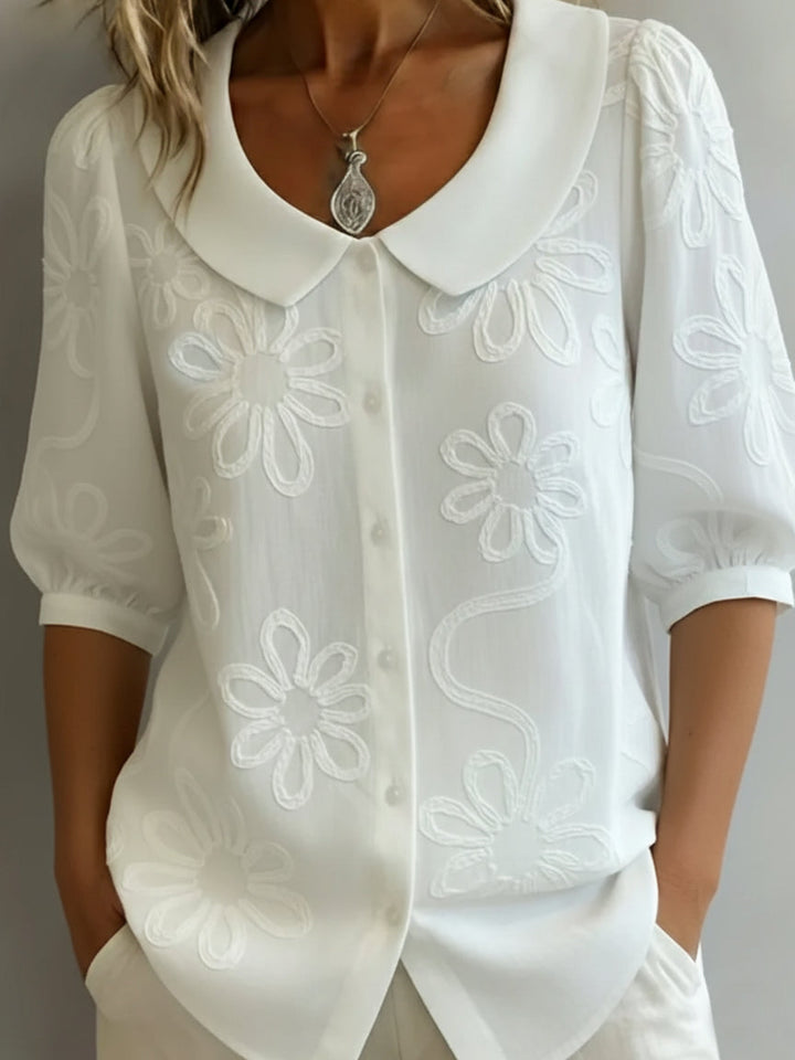 Mila | Embroidered Daisy Blouse – Buttoned Pointed Collar