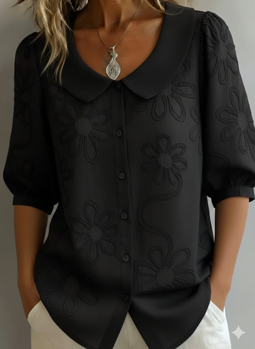 Mila | Embroidered Daisy Blouse – Buttoned Pointed Collar