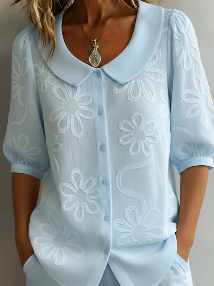 Mila | Embroidered Daisy Blouse – Buttoned Pointed Collar