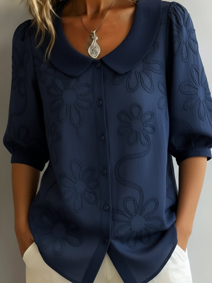 Mila | Embroidered Daisy Blouse – Buttoned Pointed Collar
