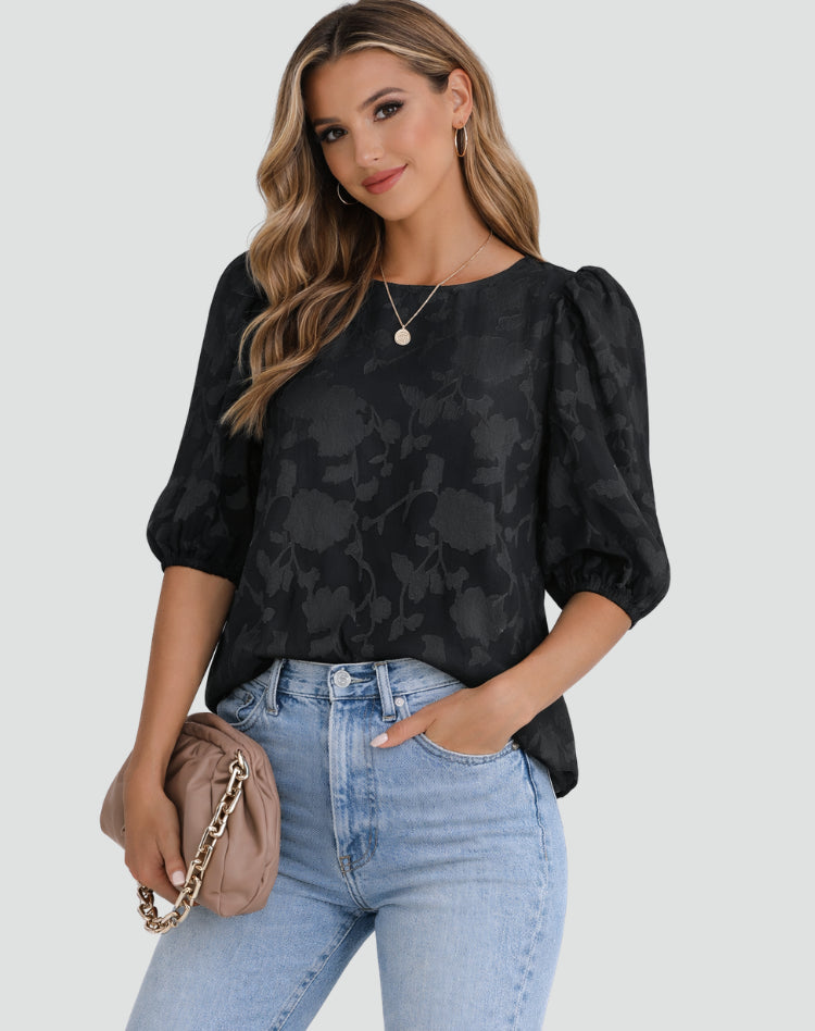 Esme | Floral Blouse – 3/4 Puff Sleeves with Soft Drape