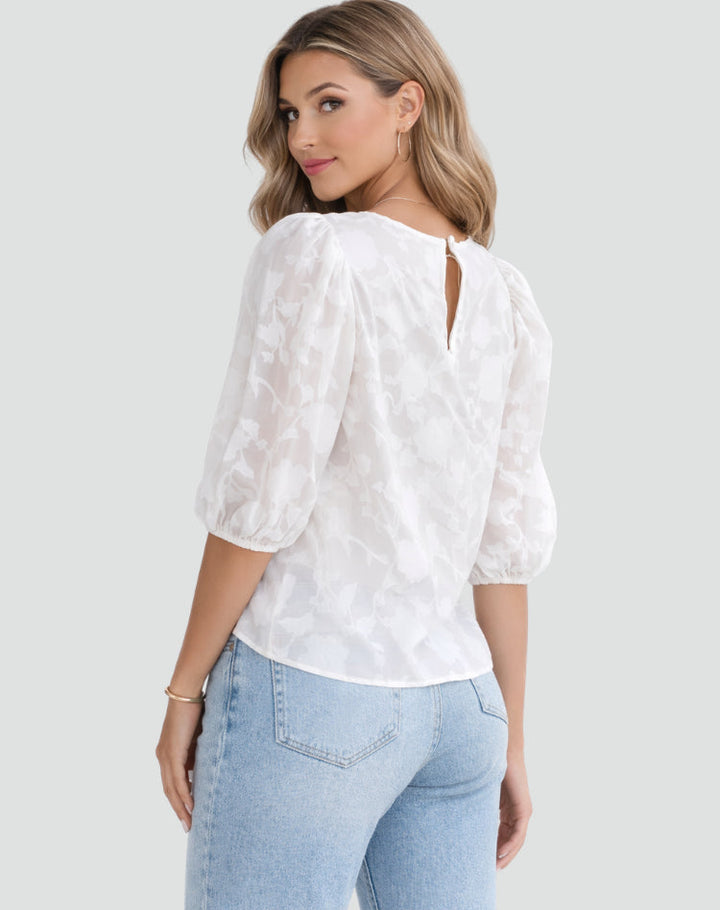 Esme | Floral Blouse – 3/4 Puff Sleeves with Soft Drape