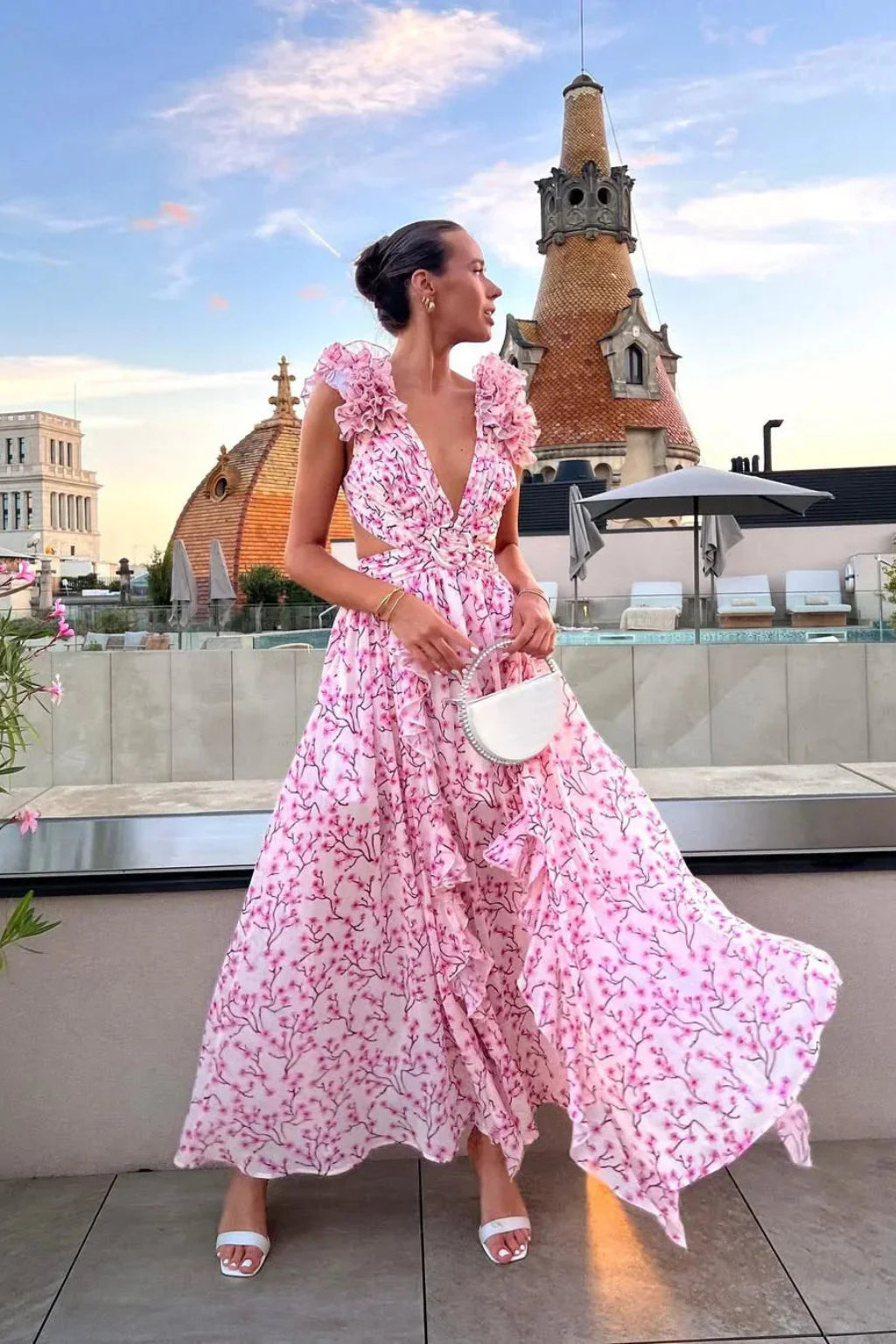 Alina | Floral Maxi Dress – Wedding Guest, V-Neck with Ruffles