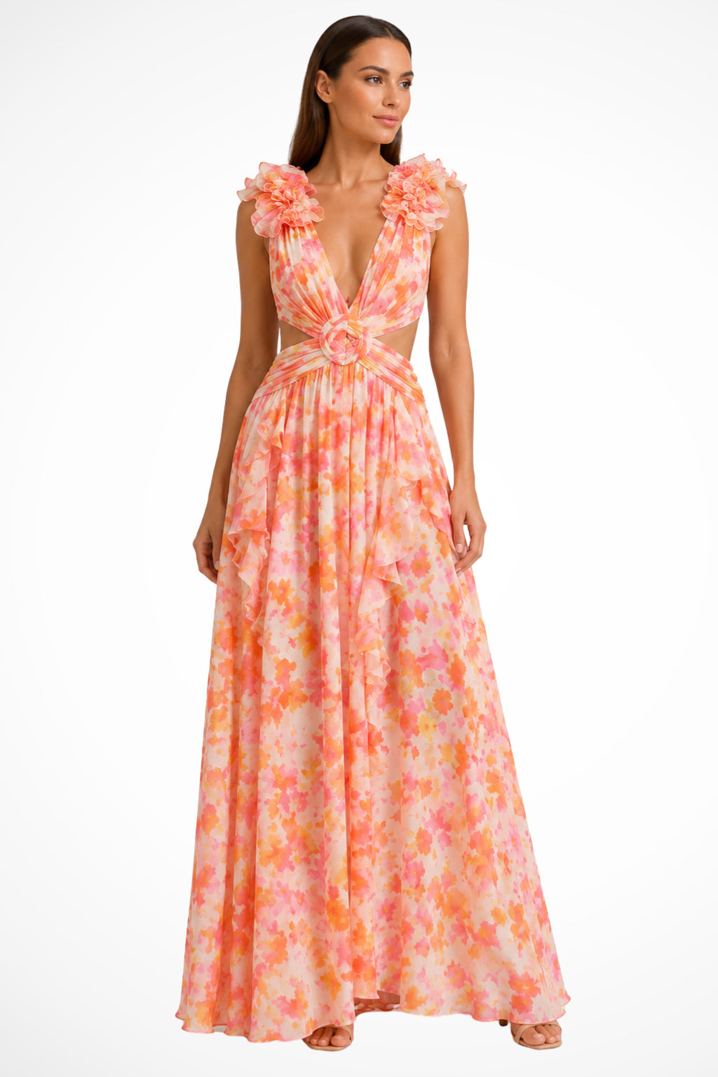 Alina | Floral Maxi Dress – Wedding Guest, V-Neck with Ruffles