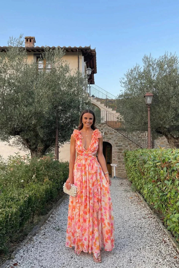 Alina | Floral Maxi Dress – Wedding Guest, V-Neck with Ruffles