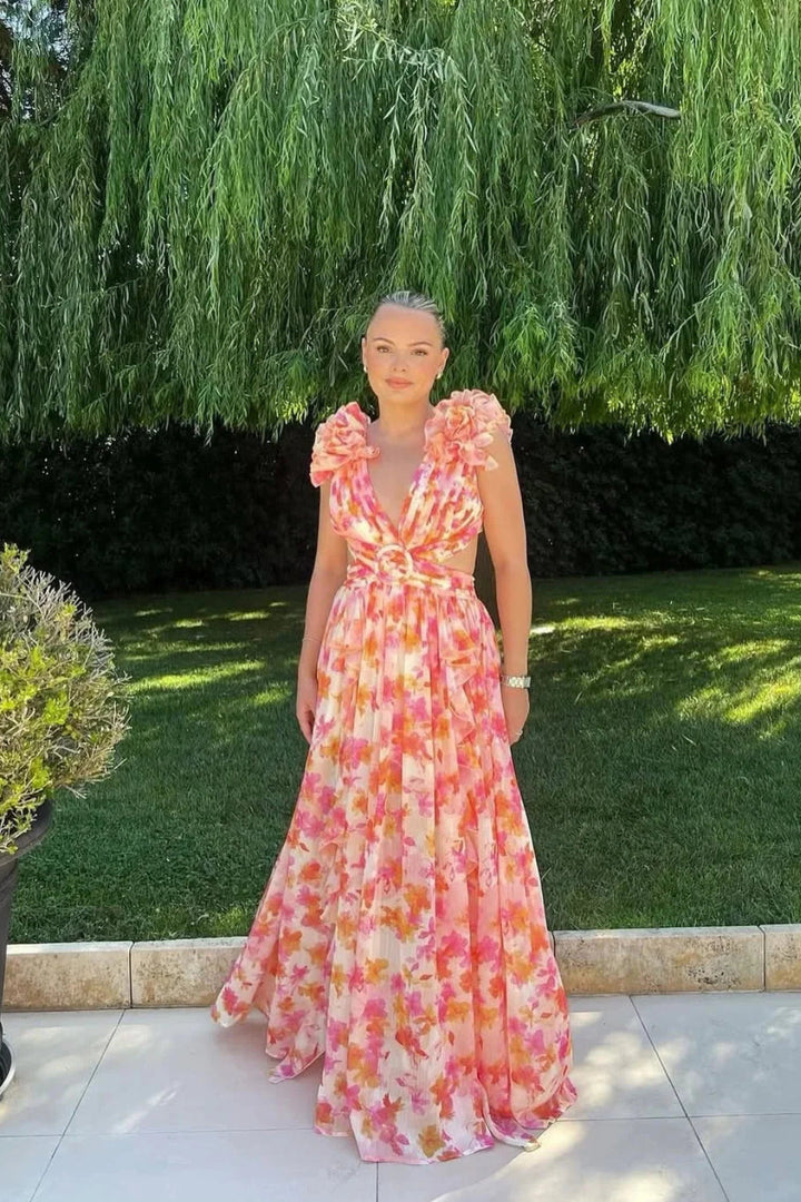 Alina | Floral Maxi Dress – Wedding Guest, V-Neck with Ruffles