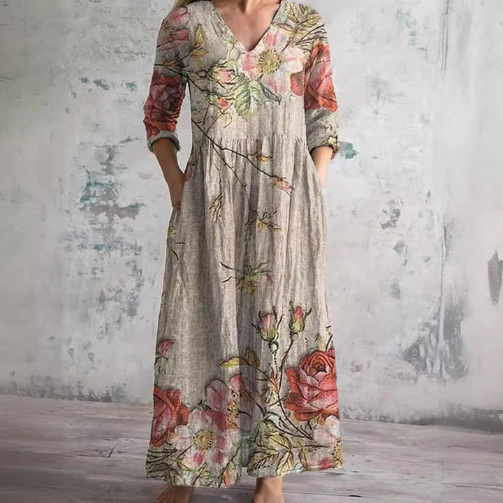 Elodie | Floral Summer Dress – V-Neck with Long Sleeves
