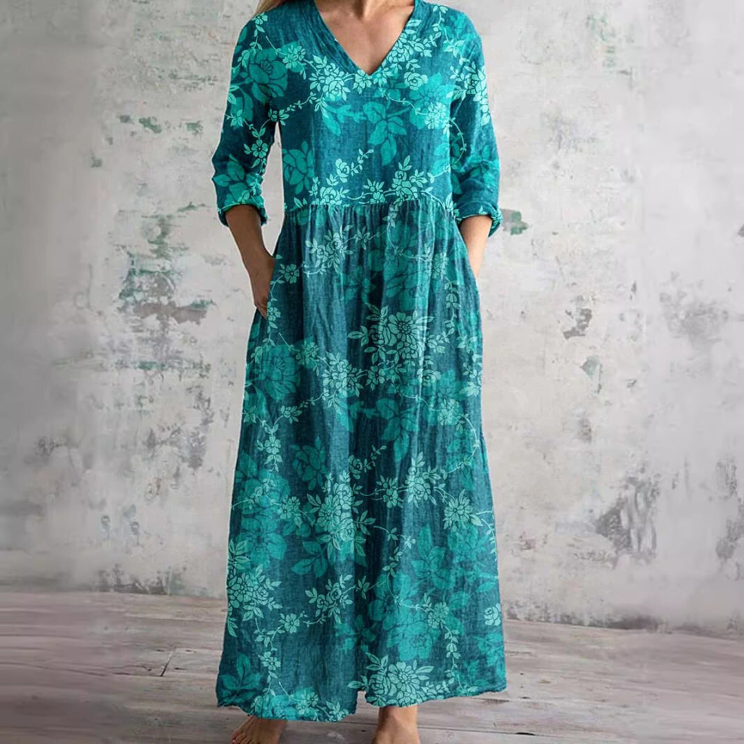 Elodie | Floral Summer Dress – V-Neck with Long Sleeves