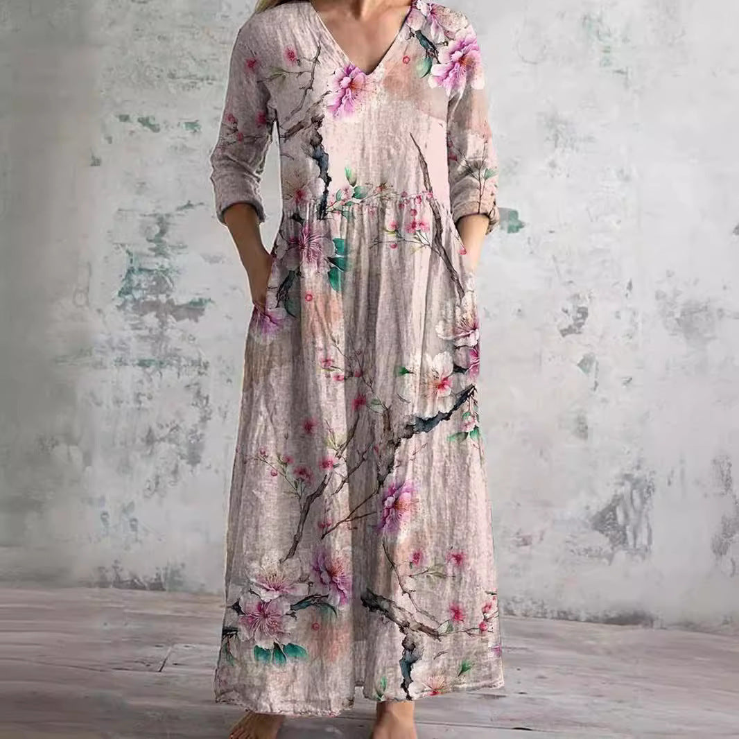 Elodie | Floral Summer Dress – V-Neck with Long Sleeves