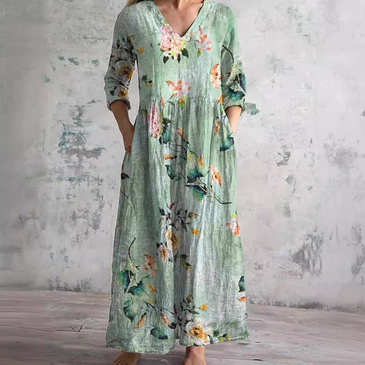Elodie | Floral Summer Dress – V-Neck with Long Sleeves