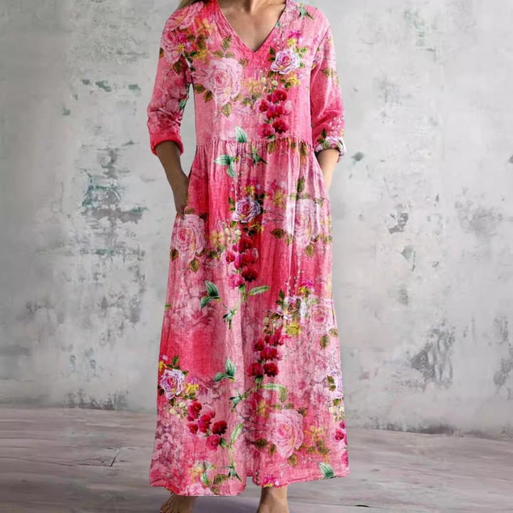 Elodie | Floral Summer Dress – V-Neck with Long Sleeves