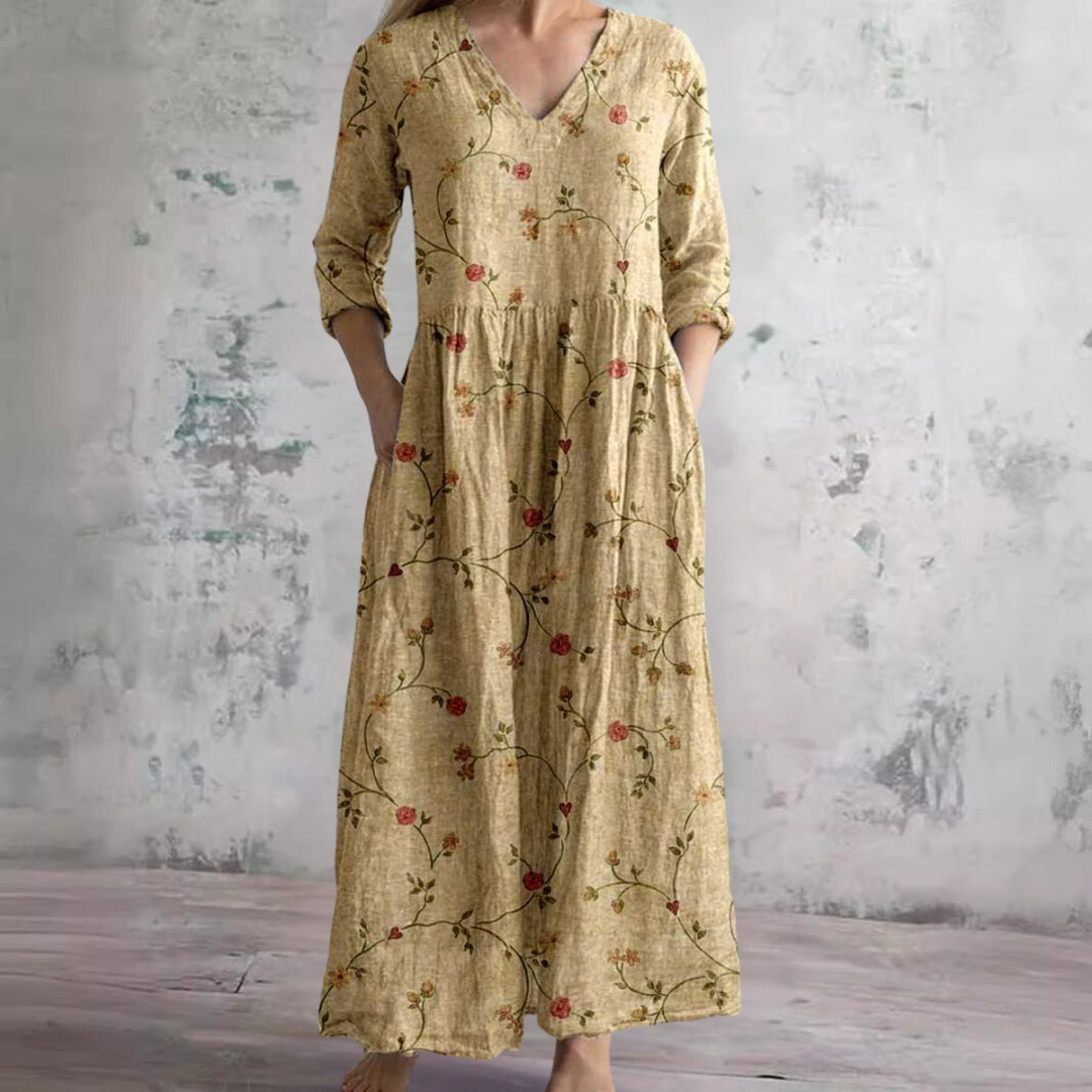 Elodie | Floral Summer Dress – V-Neck with Long Sleeves