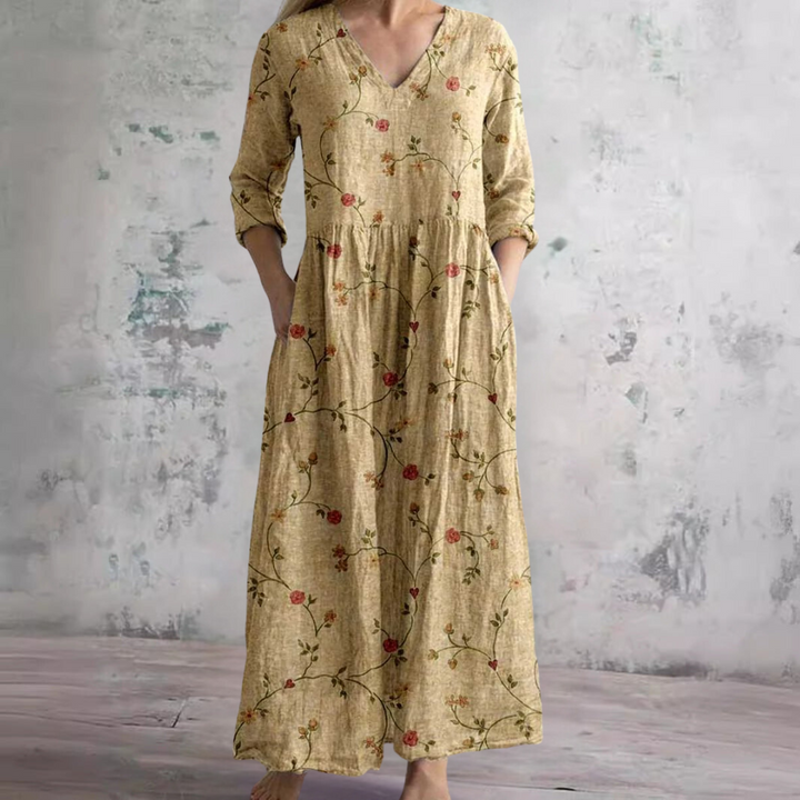 Elodie | Floral Summer Dress – V-Neck with Long Sleeves