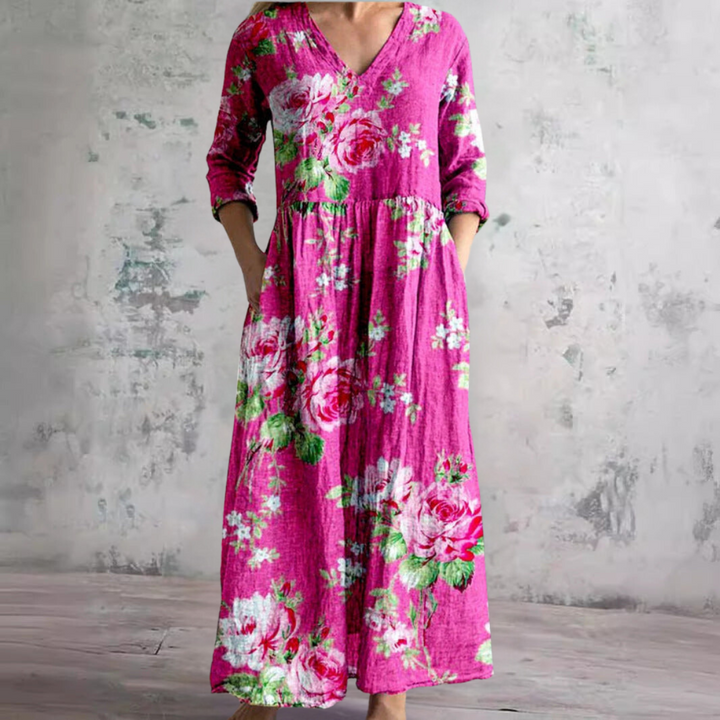 Elodie | Floral Summer Dress – V-Neck with Long Sleeves