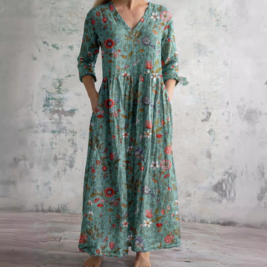 Elodie | Floral Summer Dress – V-Neck with Long Sleeves