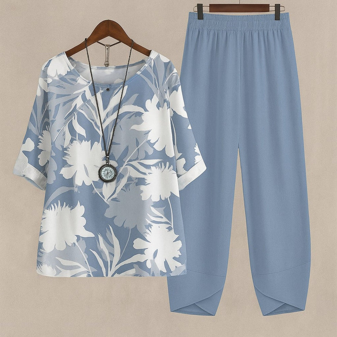 Emma | Floral Two-Piece Set – Boat Neck with 3/4 Cuffed Sleeves