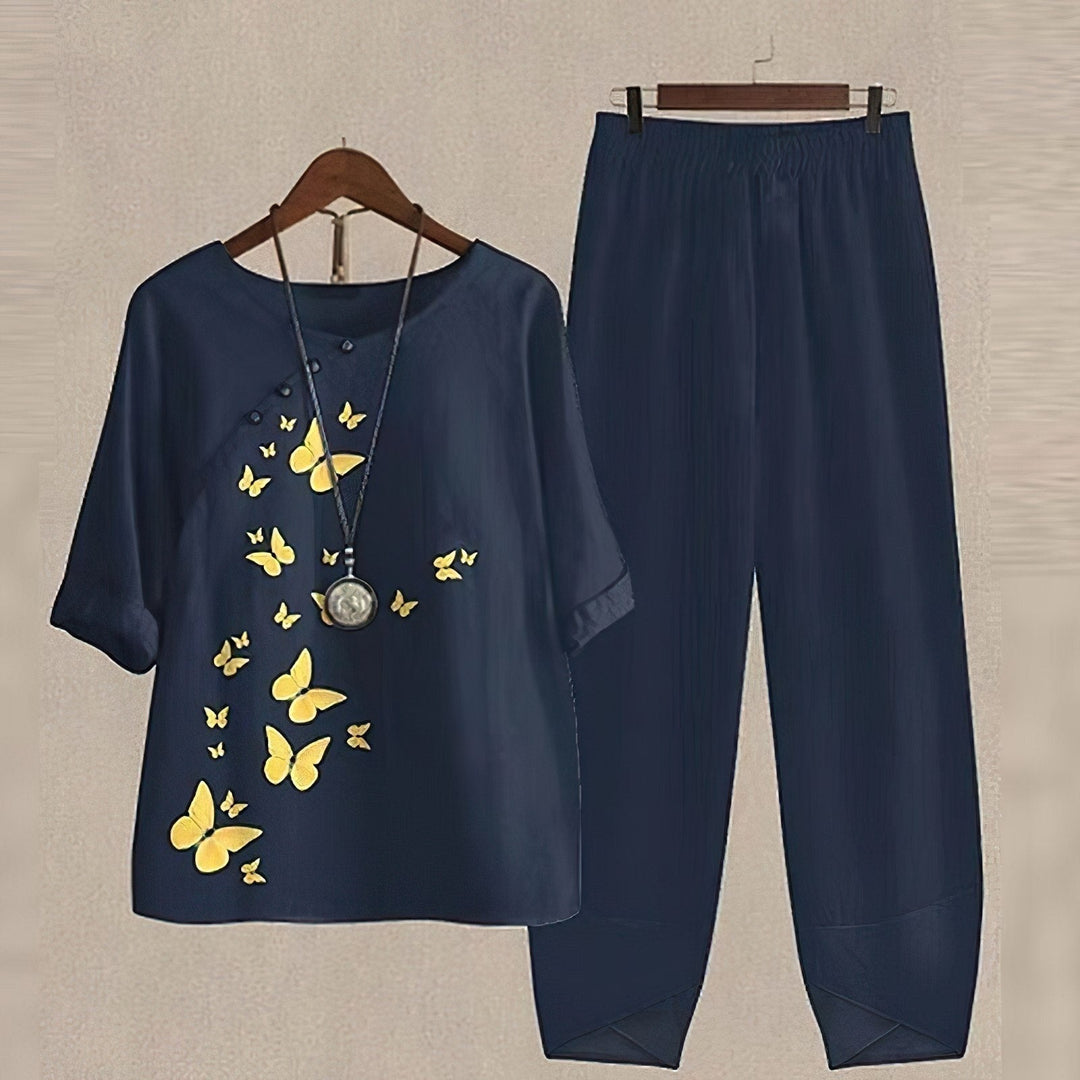 Emma | Floral Two-Piece Set – Boat Neck with 3/4 Cuffed Sleeves