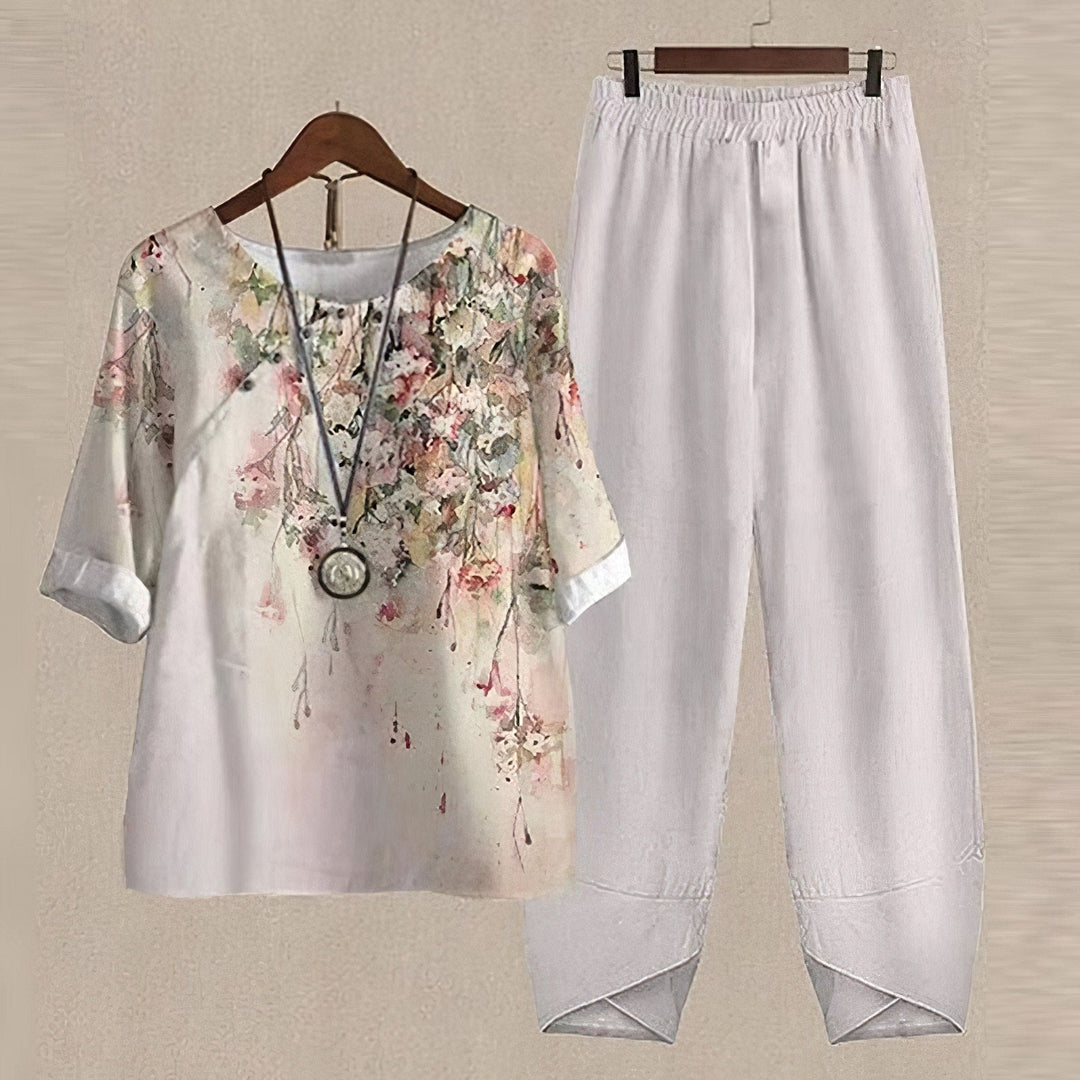 Emma | Floral Two-Piece Set – Boat Neck with 3/4 Cuffed Sleeves