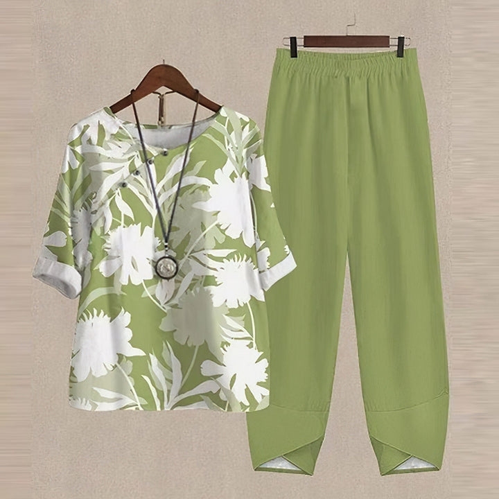 Emma | Floral Two-Piece Set – Boat Neck with 3/4 Cuffed Sleeves