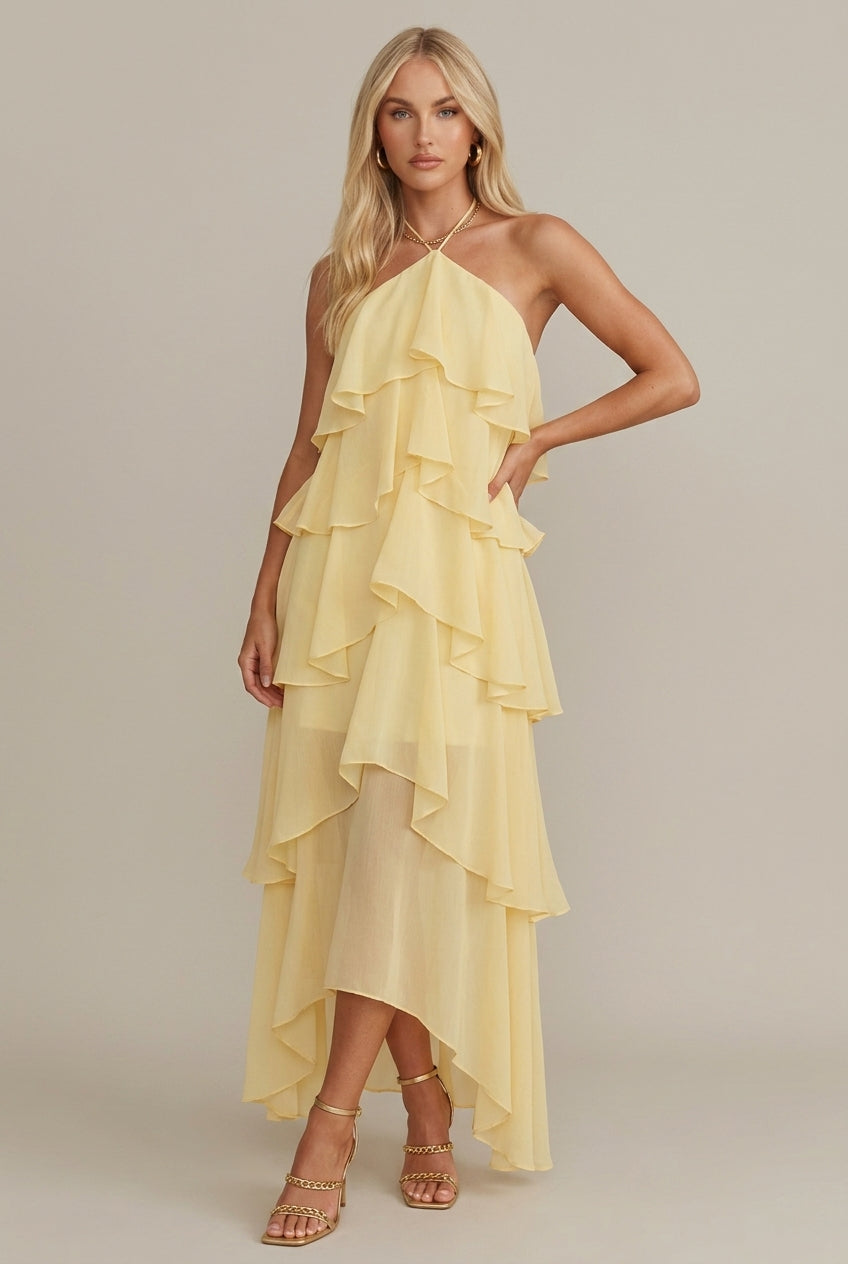 Emilia | Halterneck Maxi Dress – Floral Print with Ruffles and Tiers