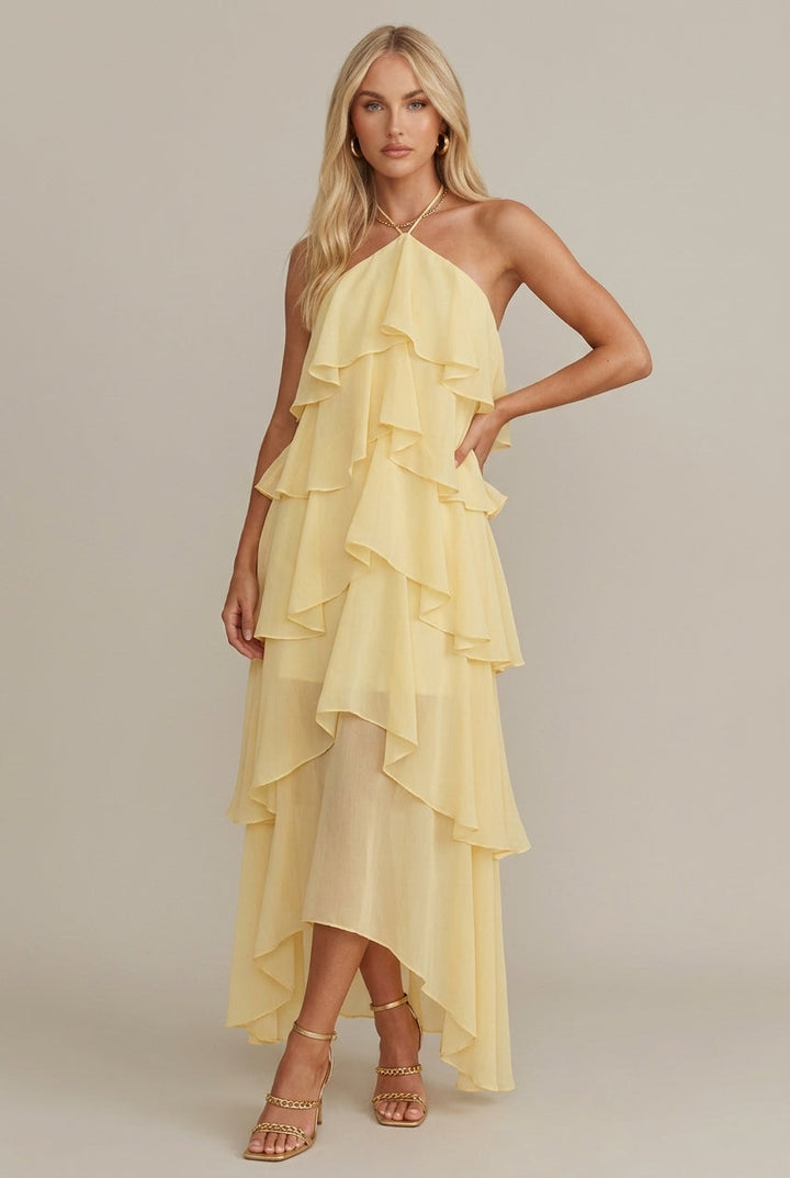 Emilia | Halterneck Maxi Dress – Floral Print with Ruffles and Tiers