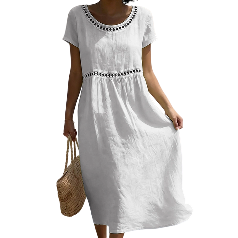 Emma | Linen Midi Dress – Lace Trim with A-Line Cut