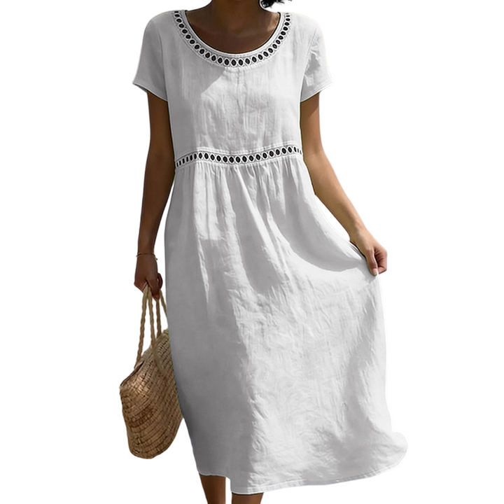 Emma | Linen Midi Dress – Lace Trim with A-Line Cut