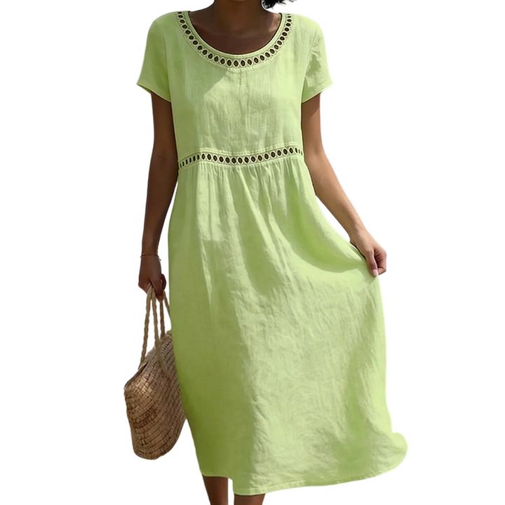 Emma | Linen Midi Dress – Lace Trim with A-Line Cut