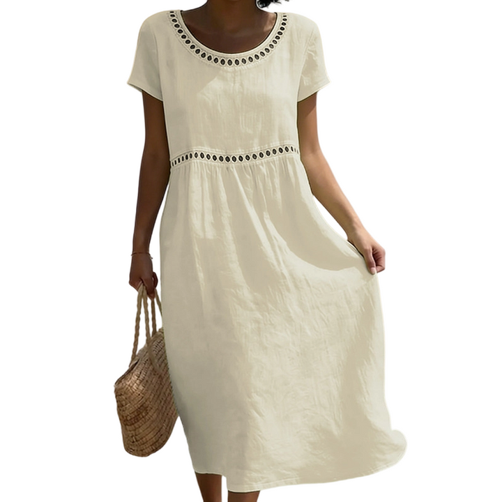 Emma | Linen Midi Dress – Lace Trim with A-Line Cut
