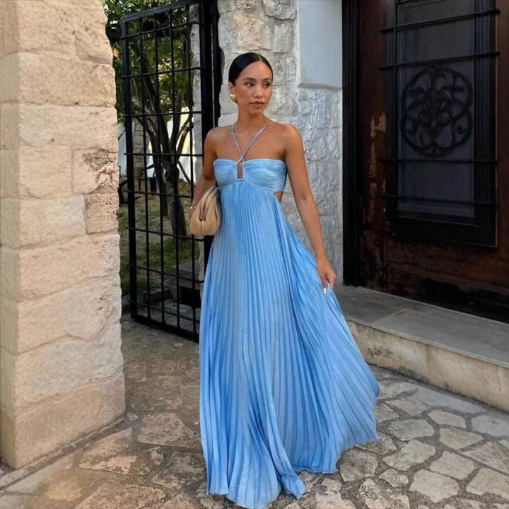 Willa | Maxi Dress – Pleated Halter Neck Open Back