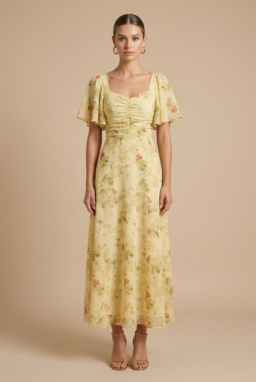 Eloise | Floral Maxi Dress – Square Neckline with Flounce Sleeves