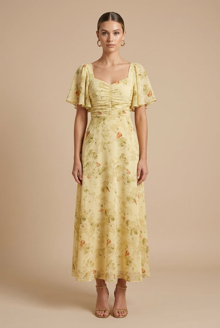 Eloise | Floral Maxi Dress – Square Neckline with Flounce Sleeves