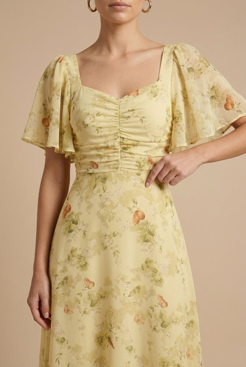 Eloise | Floral Maxi Dress – Square Neckline with Flounce Sleeves