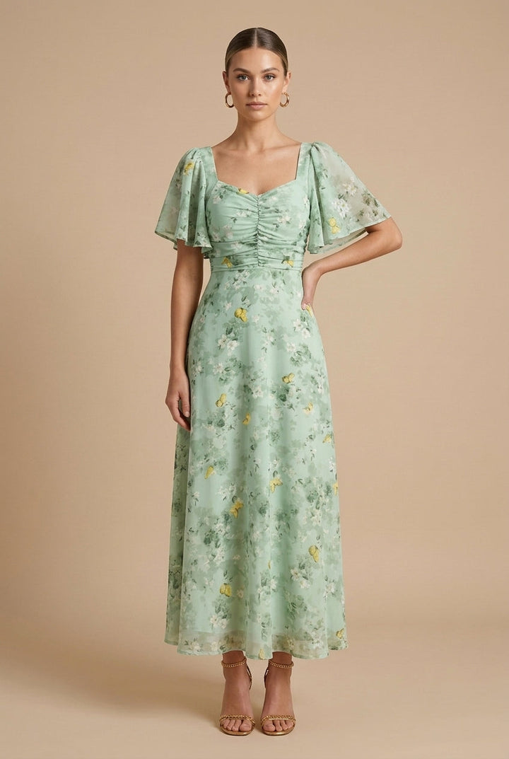 Eloise | Floral Maxi Dress – Square Neckline with Flounce Sleeves