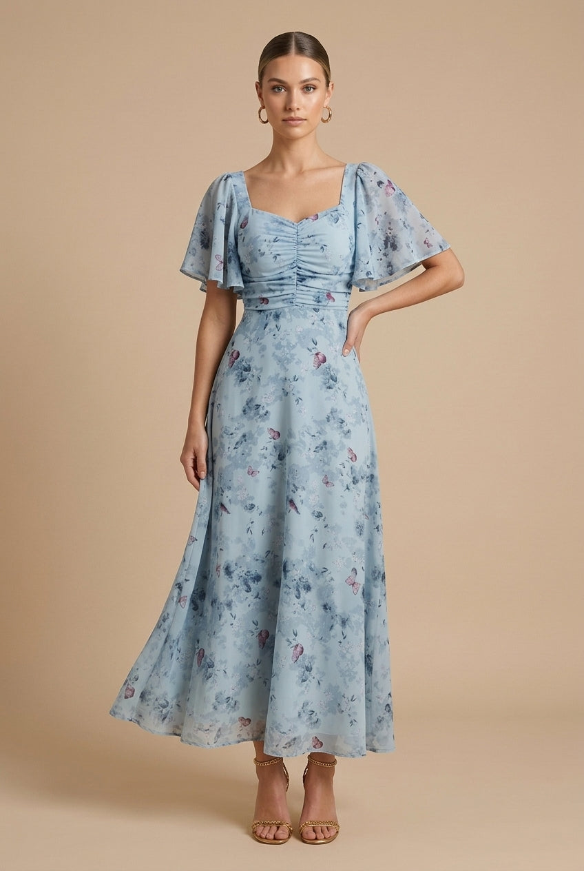 Eloise | Floral Maxi Dress – Square Neckline with Flounce Sleeves