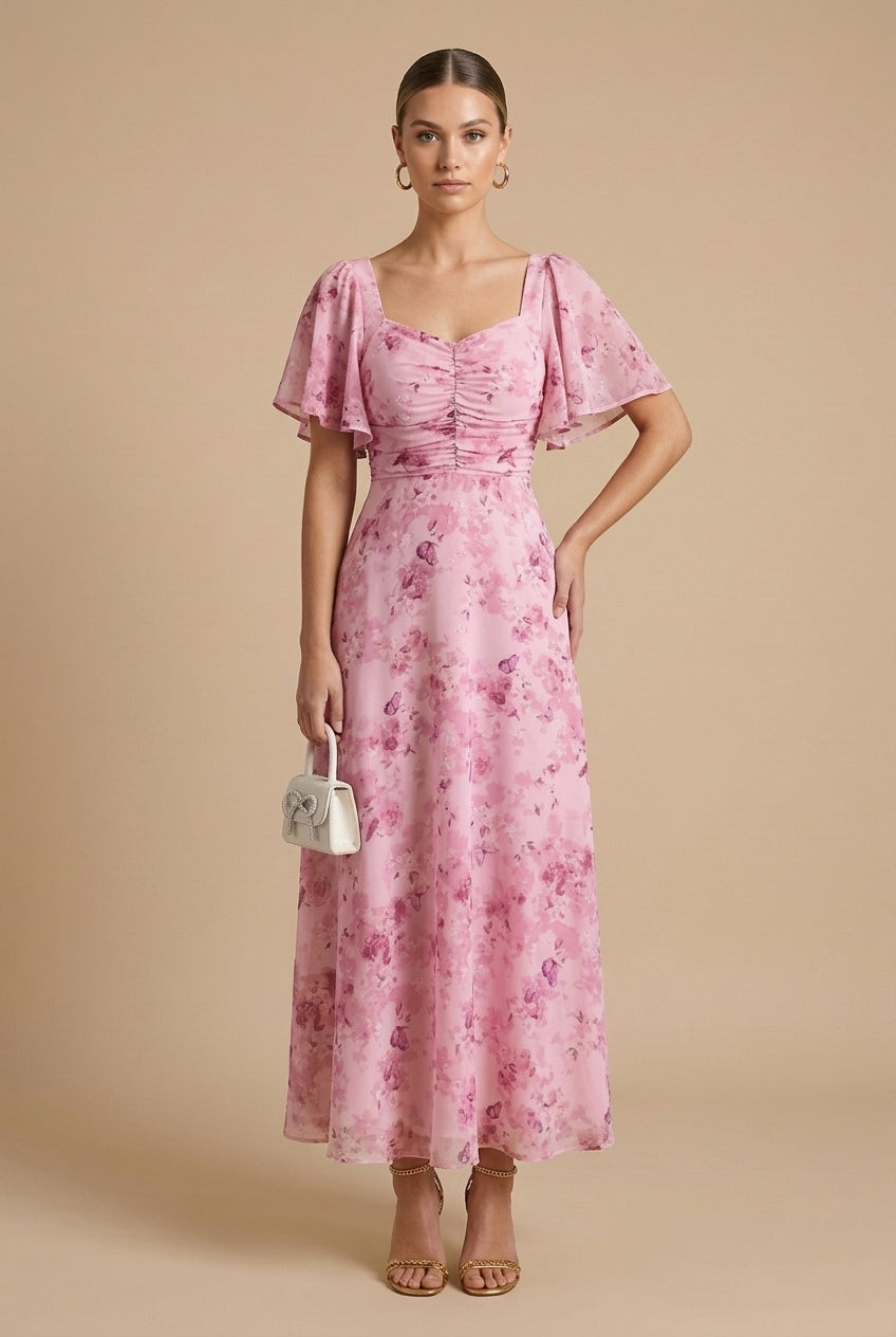 Eloise | Floral Maxi Dress – Square Neckline with Flounce Sleeves