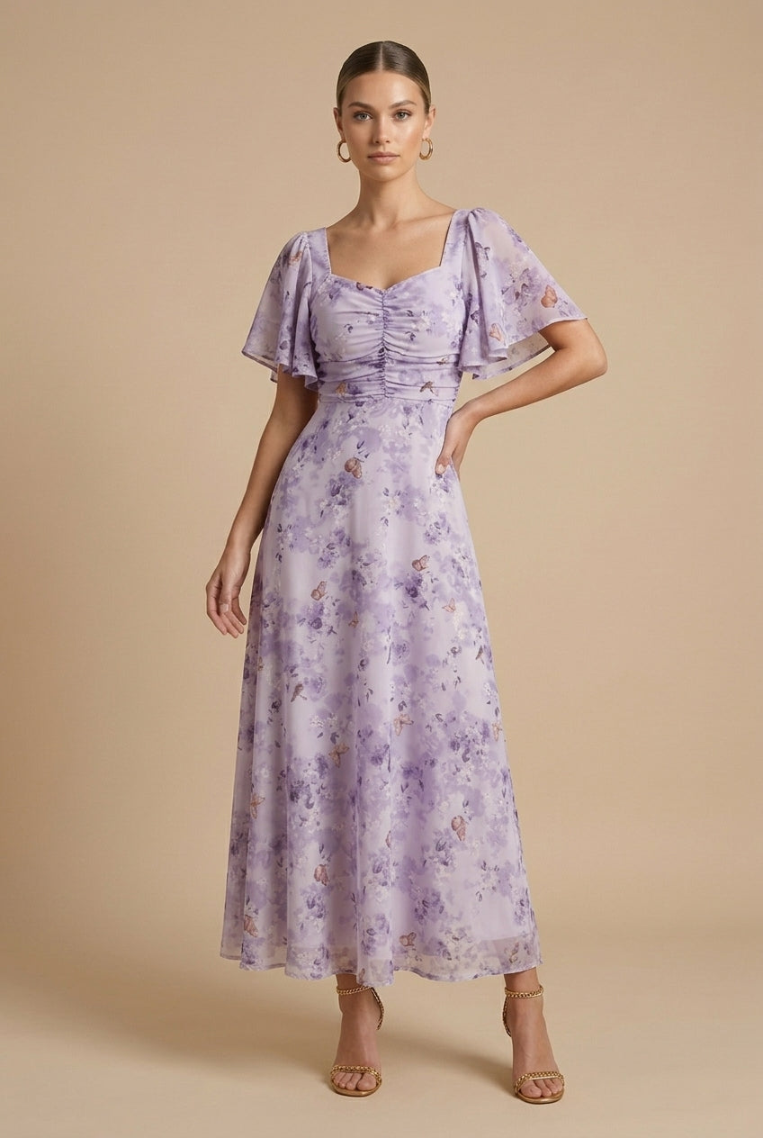 Eloise | Floral Maxi Dress – Square Neckline with Flounce Sleeves