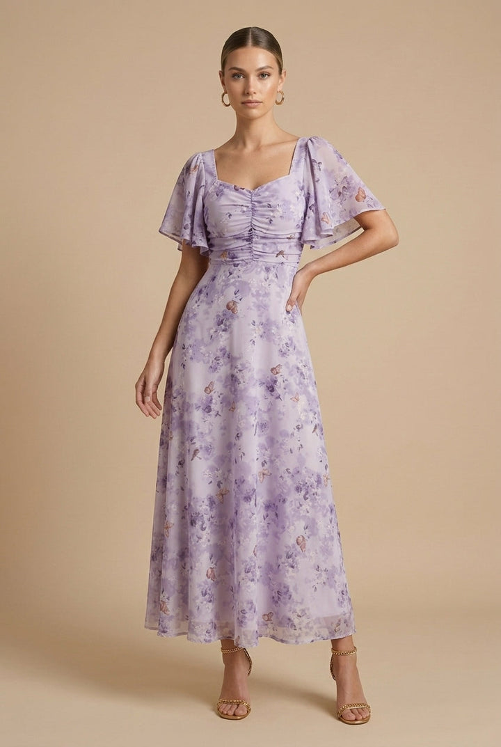 Eloise | Floral Maxi Dress – Square Neckline with Flounce Sleeves