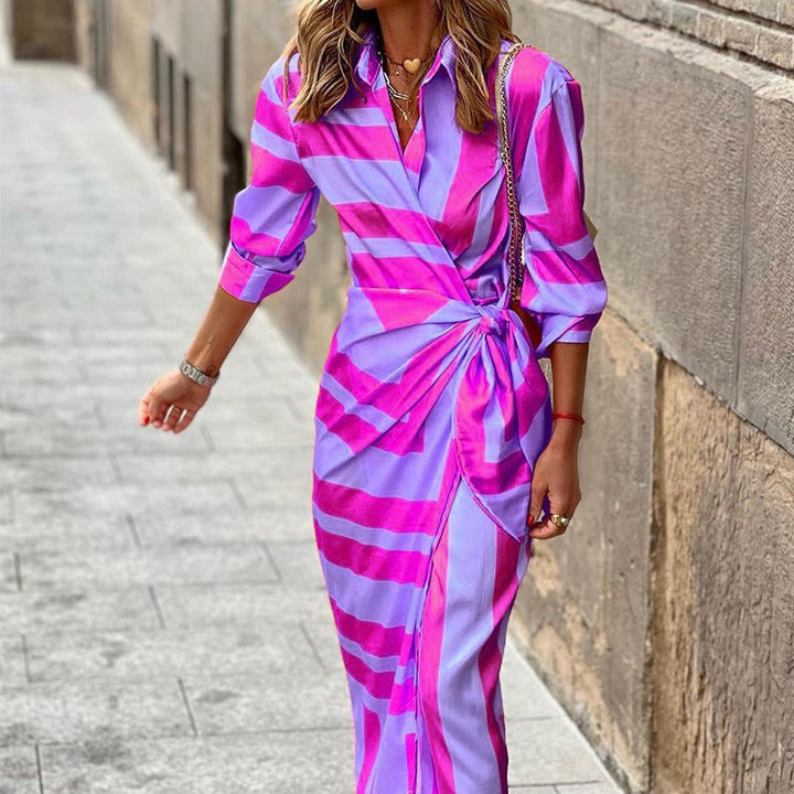 Vienna | Maxi Dress – Striped Collar Wrap Front