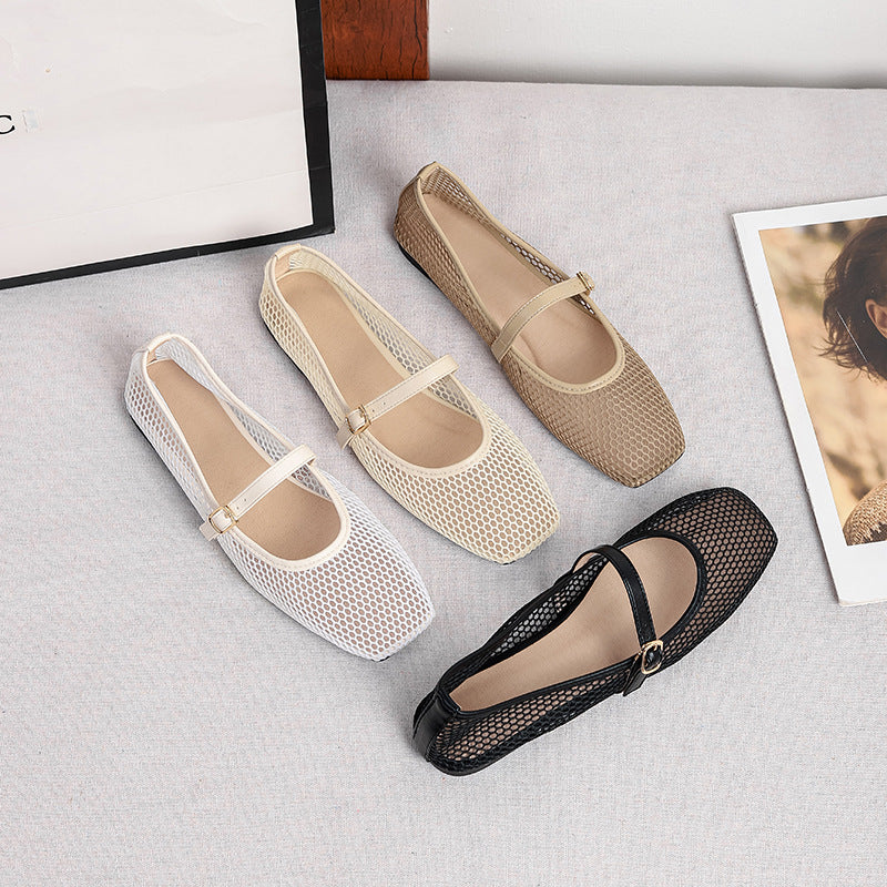 Mia | Mesh Mary Jane Flats – Square Toe with Buckle Strap