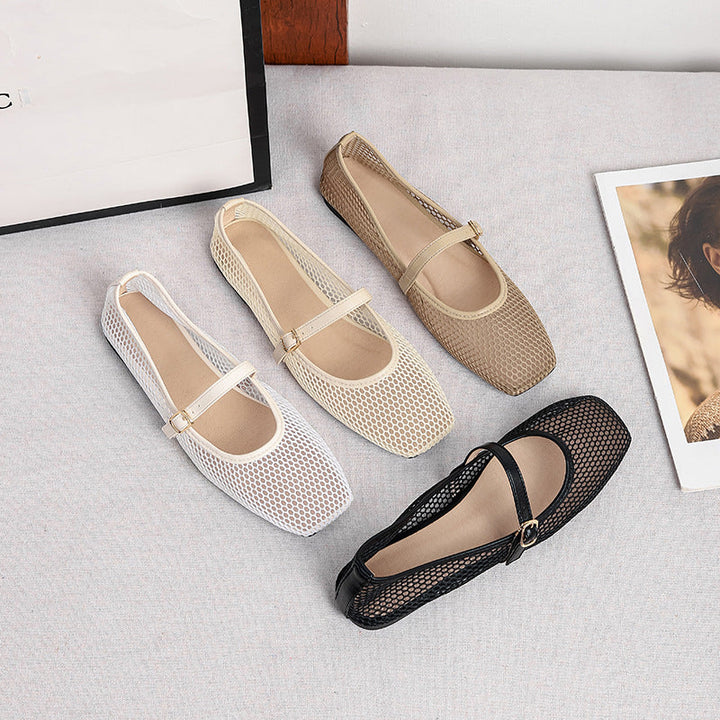 Mia | Mesh Mary Jane Flats – Square Toe with Buckle Strap