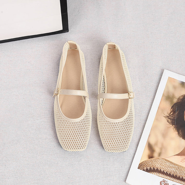 Mia | Mesh Mary Jane Flats – Square Toe with Buckle Strap