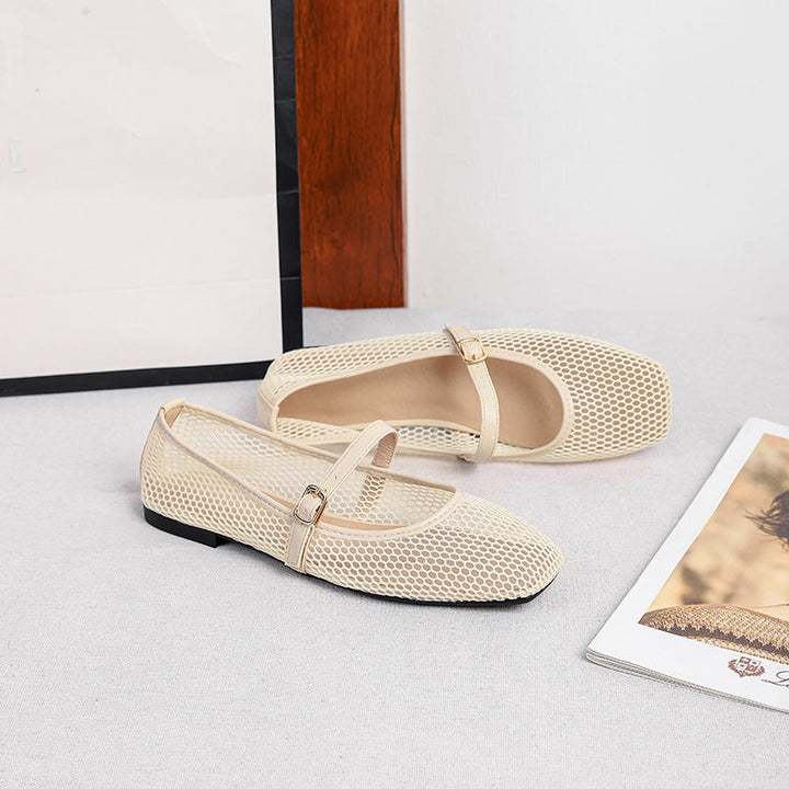 Mia | Mesh Mary Jane Flats – Square Toe with Buckle Strap