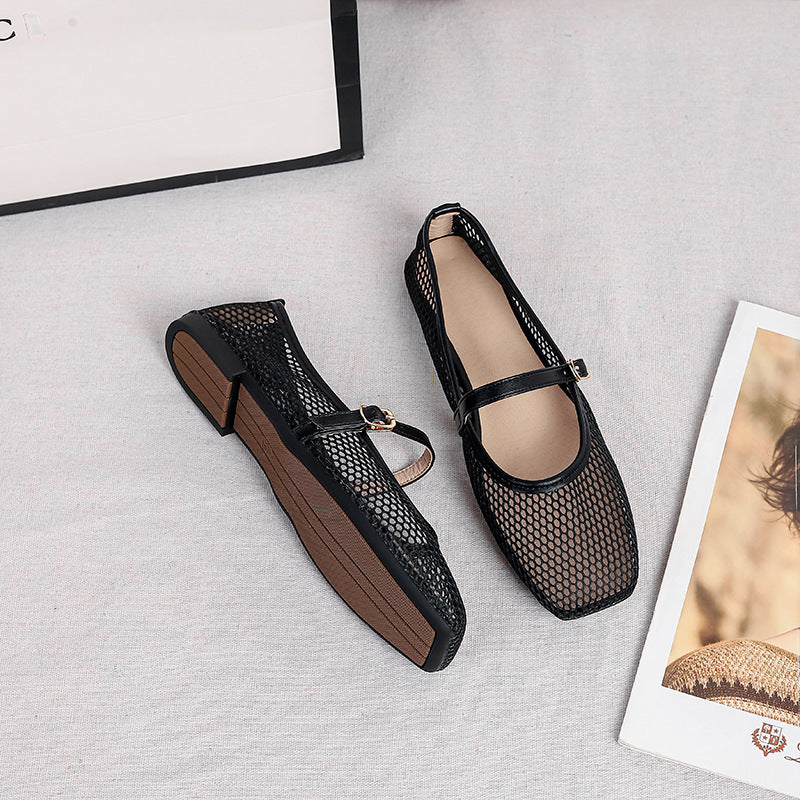 Mia | Mesh Mary Jane Flats – Square Toe with Buckle Strap