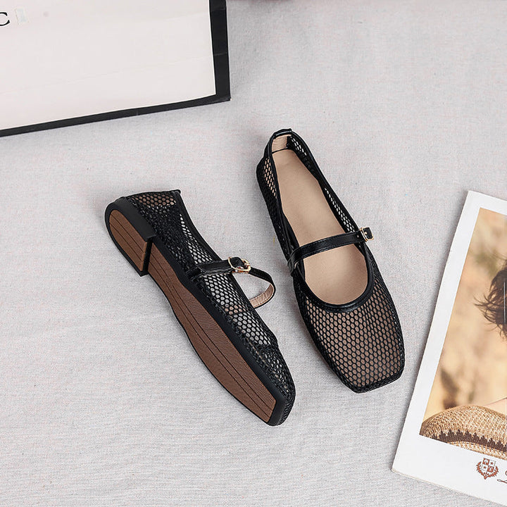 Mia | Mesh Mary Jane Flats – Square Toe with Buckle Strap